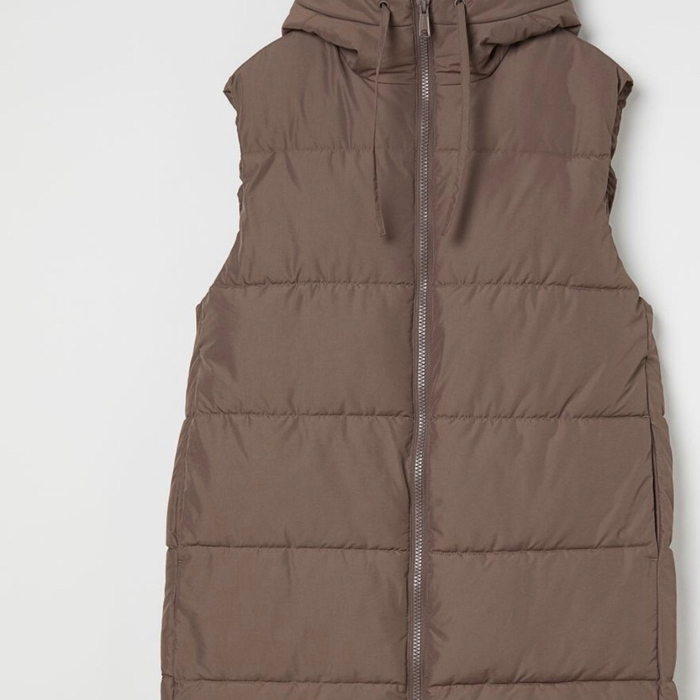 H&M Long Quilted Hooded Vest in Taupe Brown - Picture 2 of 6